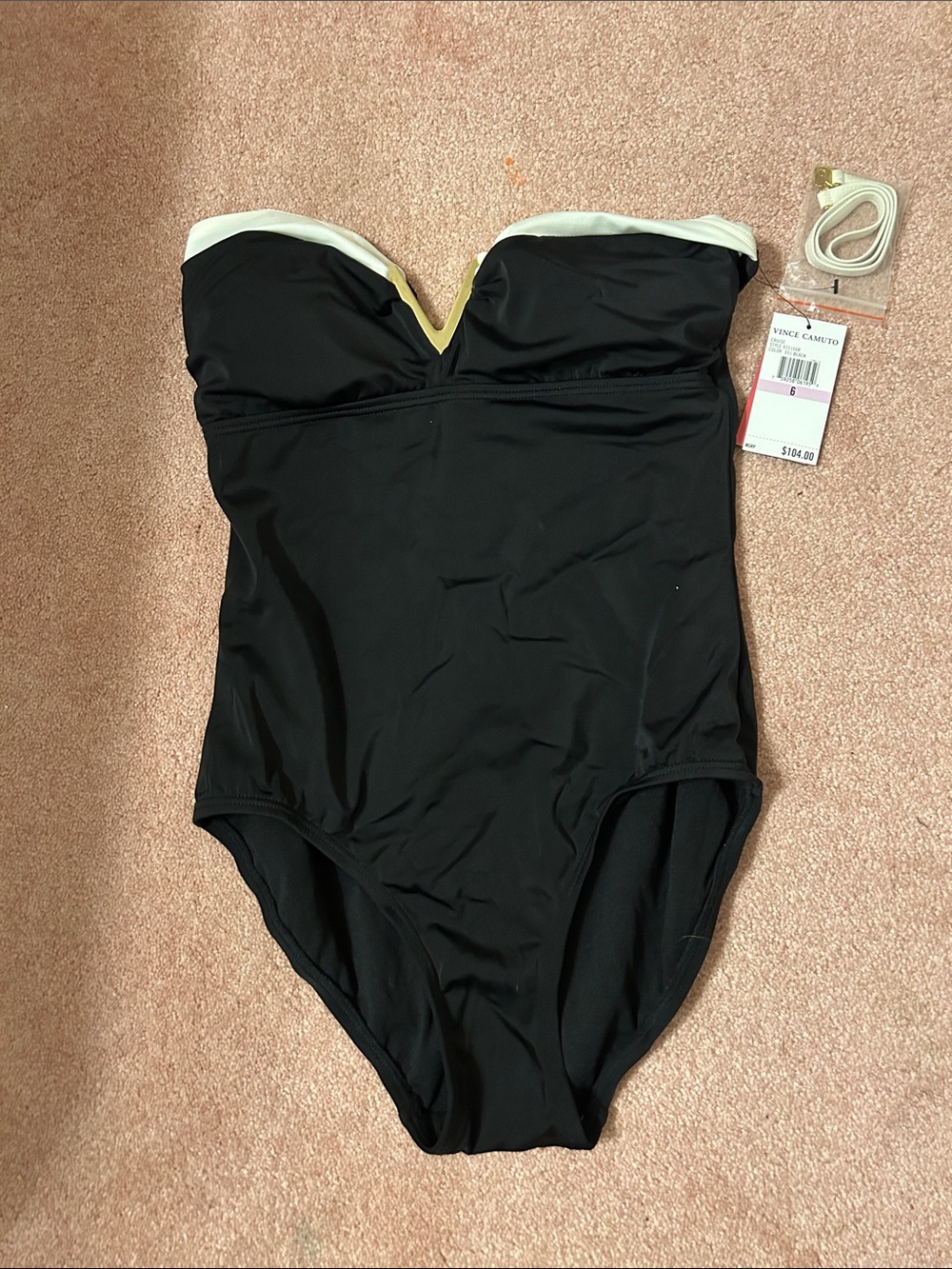 Vince Camuto Black Strapless One-Piece with White & Gold Trim